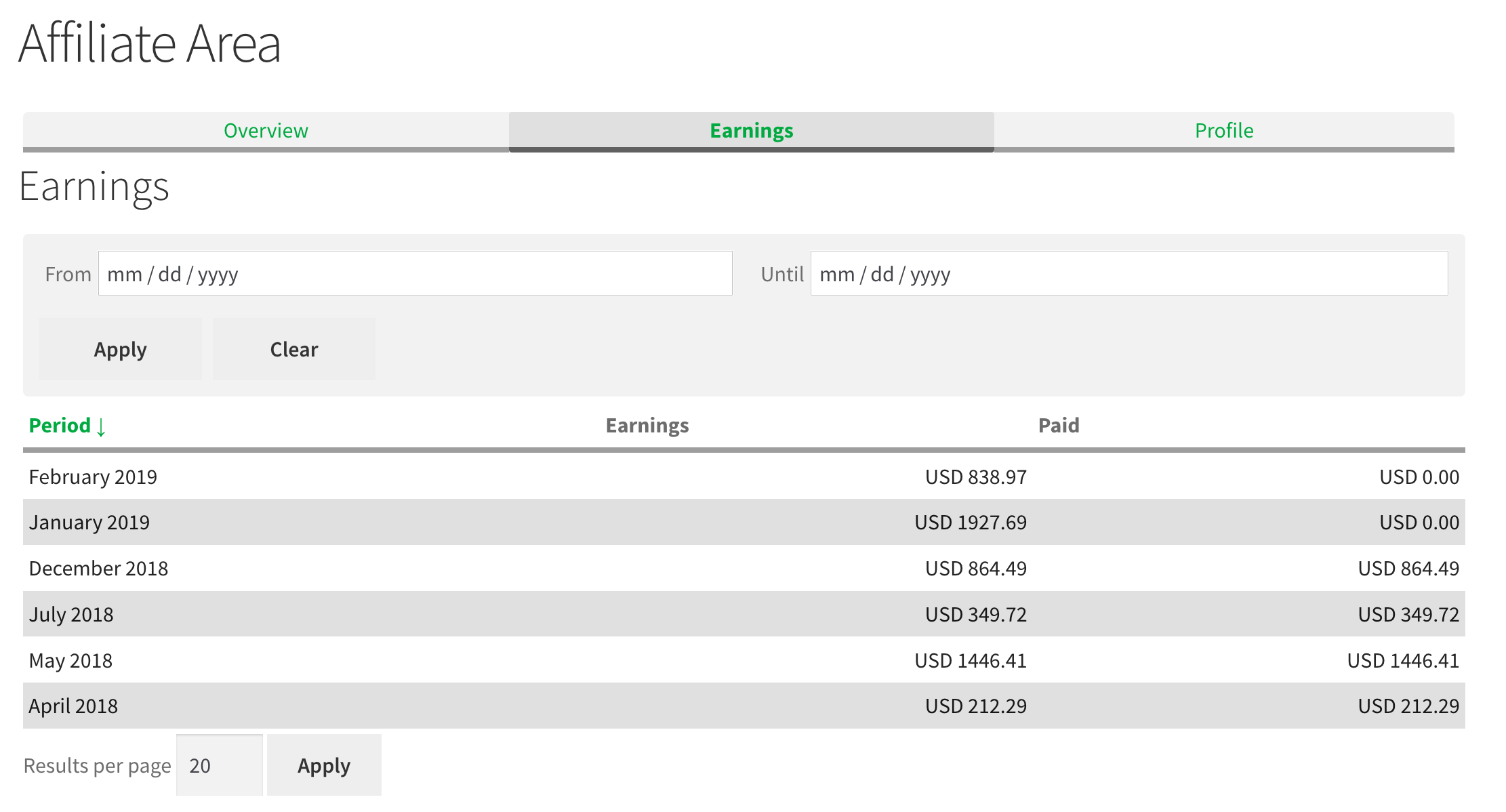 Affiliates Dashboard Earnings - Shows affiliates their monthly earnings on the front end in the dashboard section.