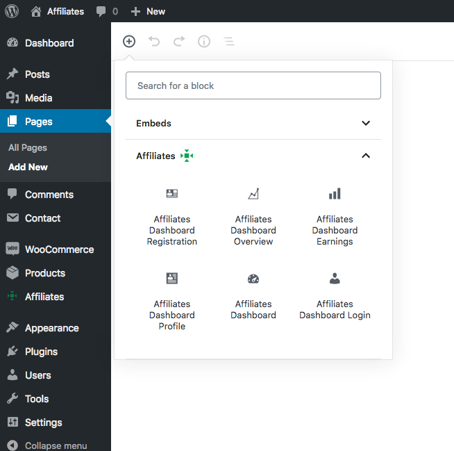 Affiliates Dashboard Blocks - An overview of available dashboard blocks that can be placed conveniently to compose affiliate areas.