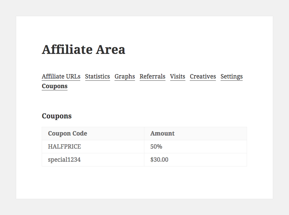 The new "Coupons" tab on the affiliate dashboard