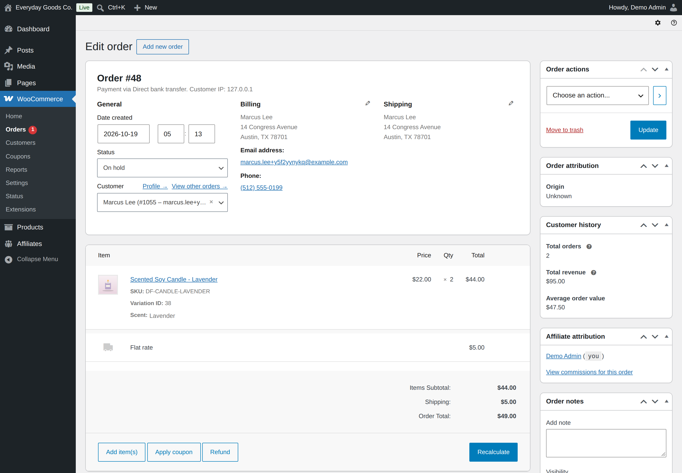 The Affiliate attribution box links to the affiliate and to the commissions of this order.