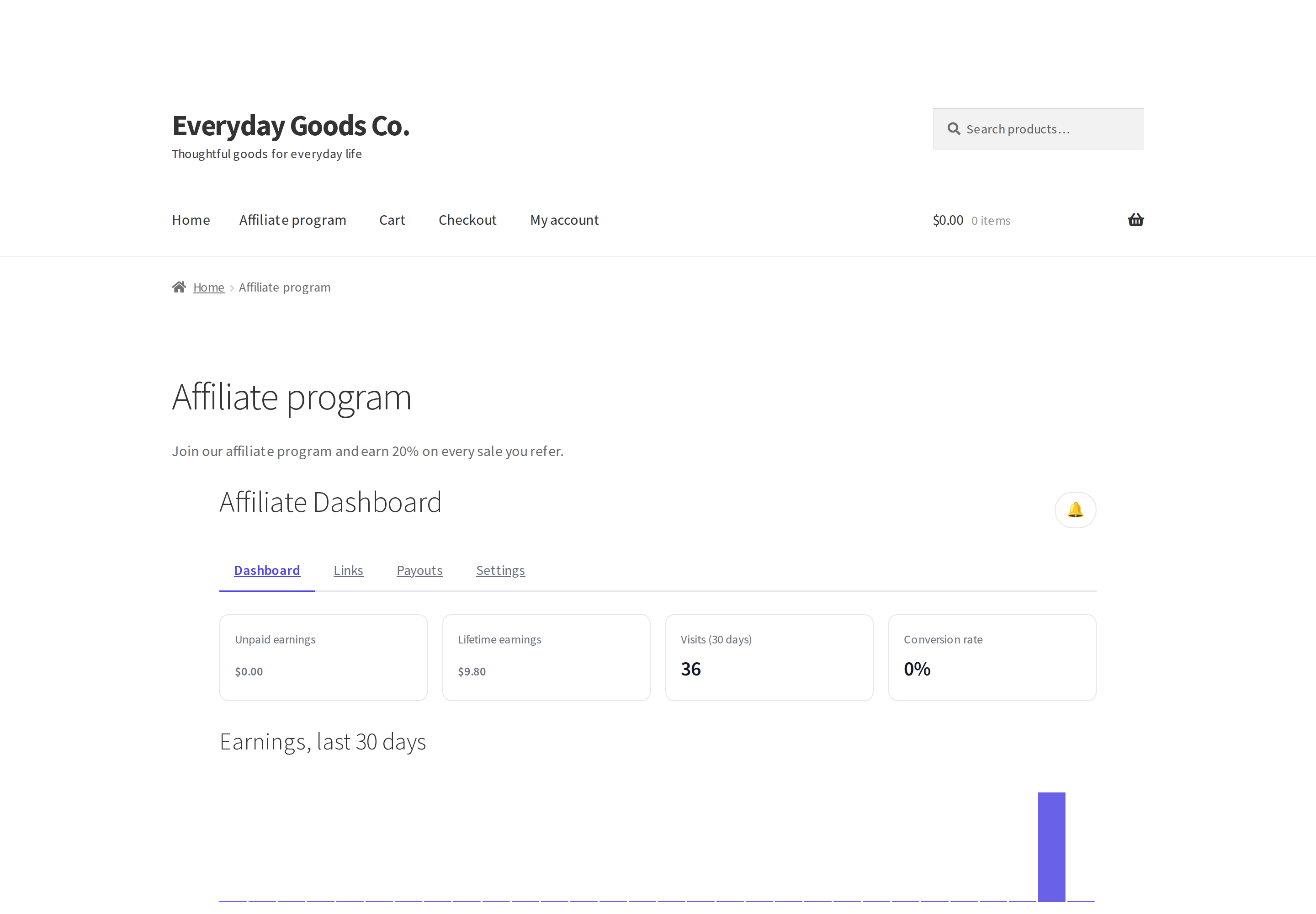 An approved affiliate's dashboard. Visitors see the signup form on this same page.