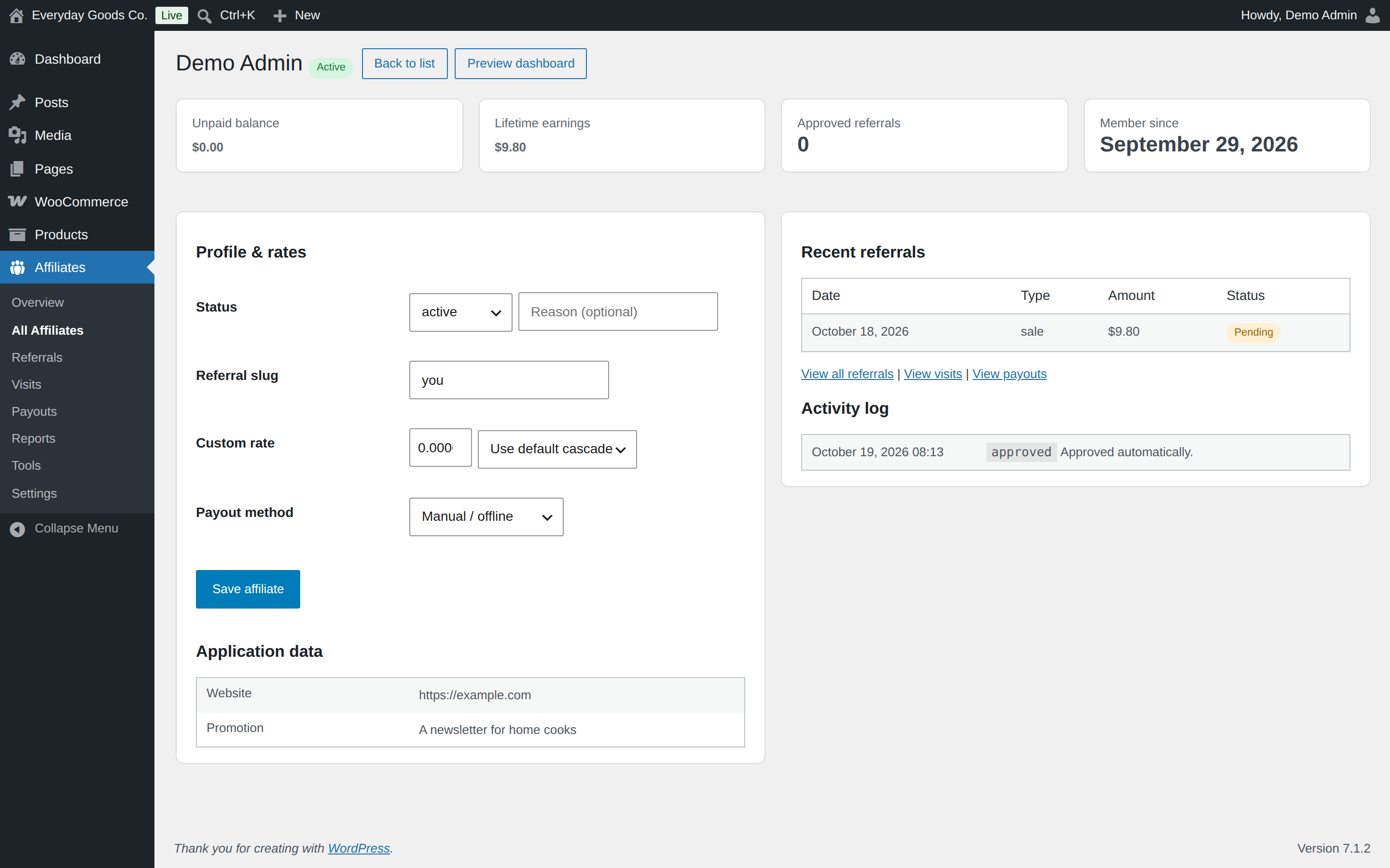Set a custom rate or payout method per affiliate, and use Preview dashboard to see what the affiliate sees.