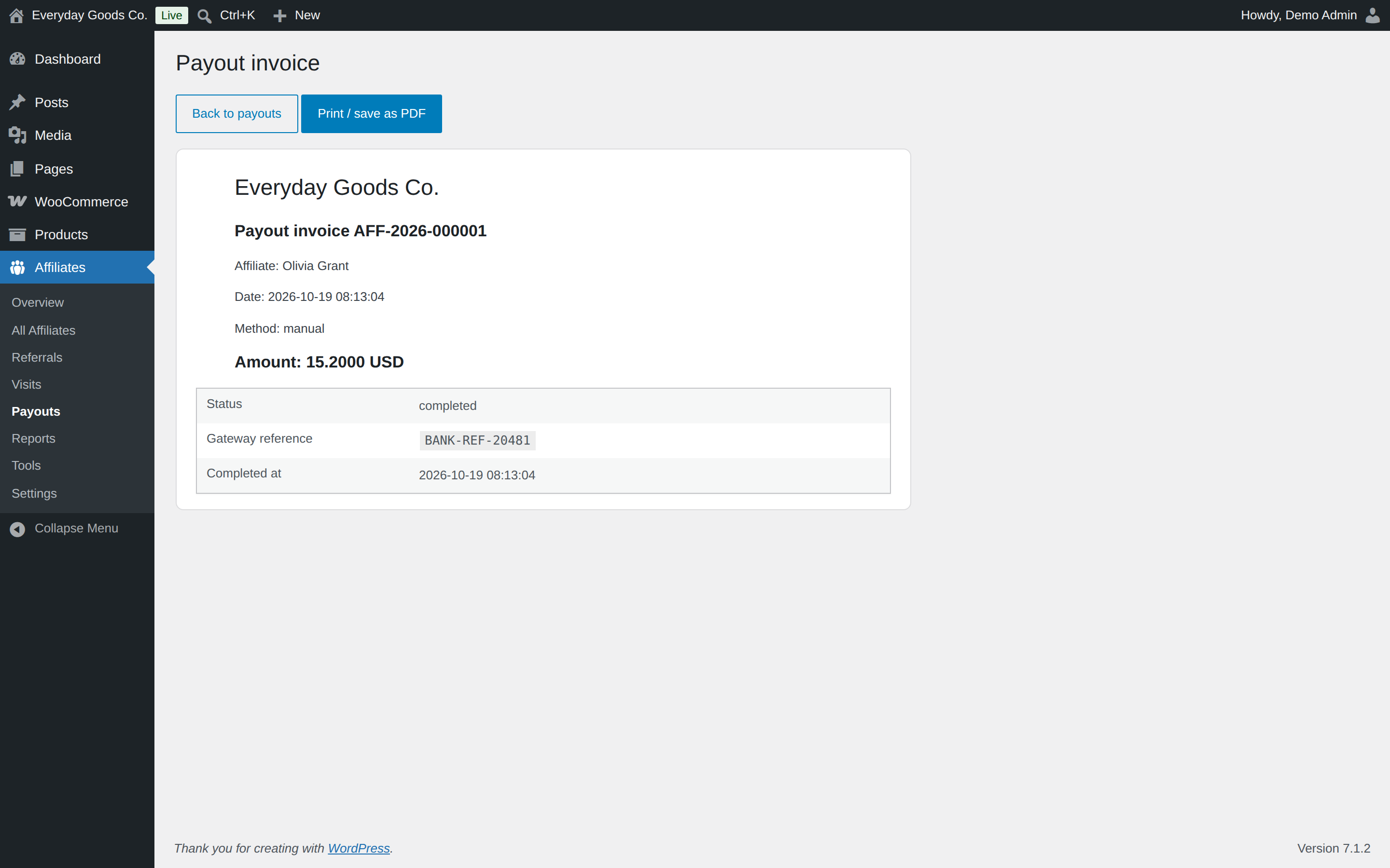 Each payout has a printable invoice with a sequential number.
