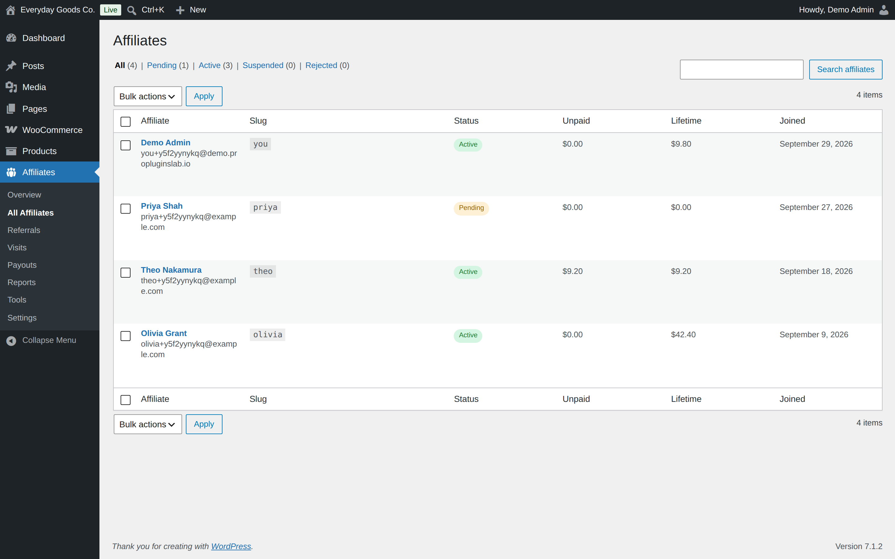 Filter by status, search, or use the bulk actions to approve, reject or suspend several affiliates at once.