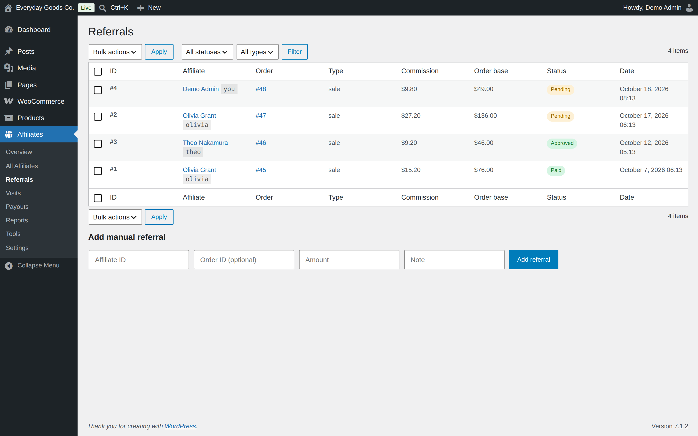 Filter by status and type. The form at the bottom adds a manual commission that is approved right away.