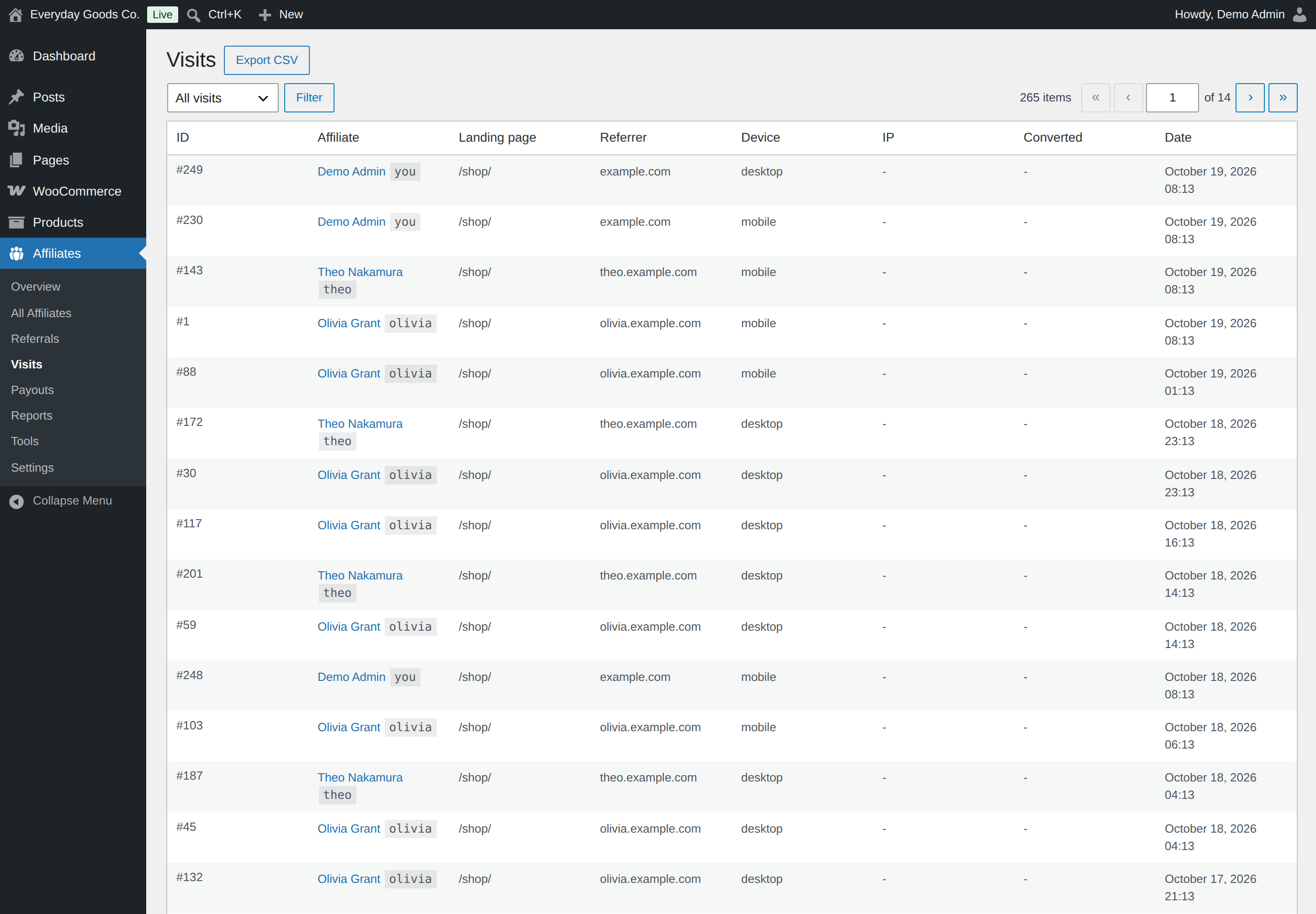 Each referral click is logged. Export CSV downloads the list as filtered.