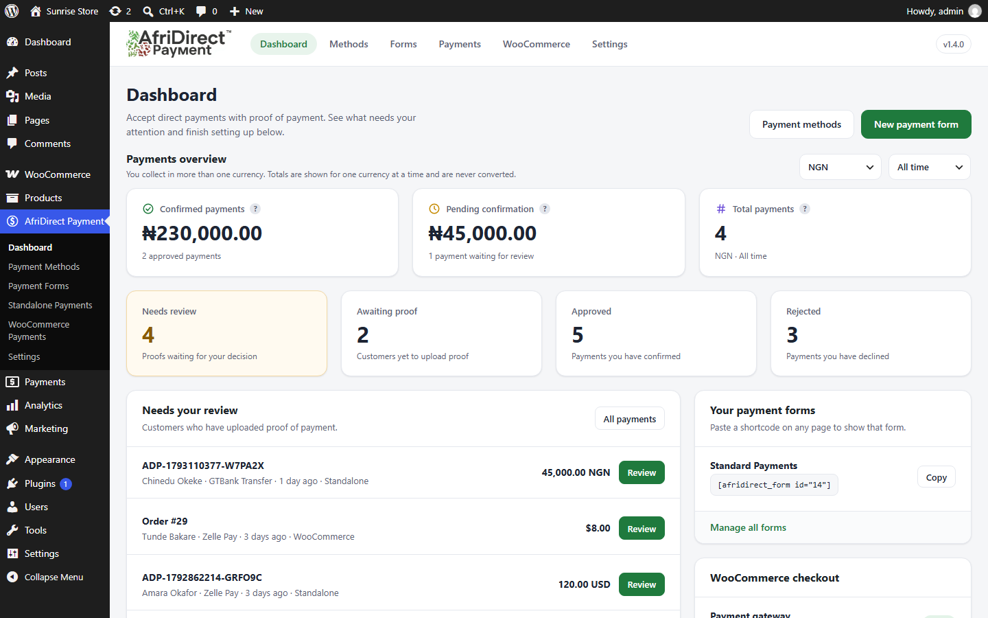 Dashboard: payment totals by currency and period, proofs waiting for review and a setup checklist