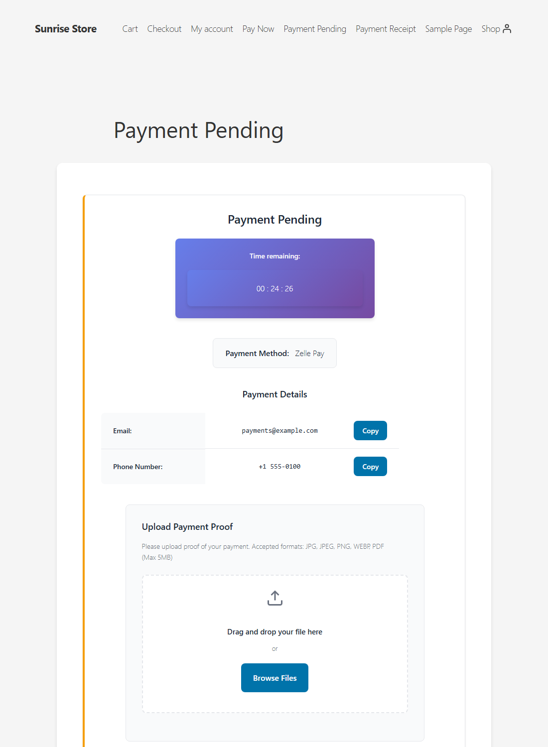 Payment pending page with countdown timer, payment details, copy buttons and proof upload