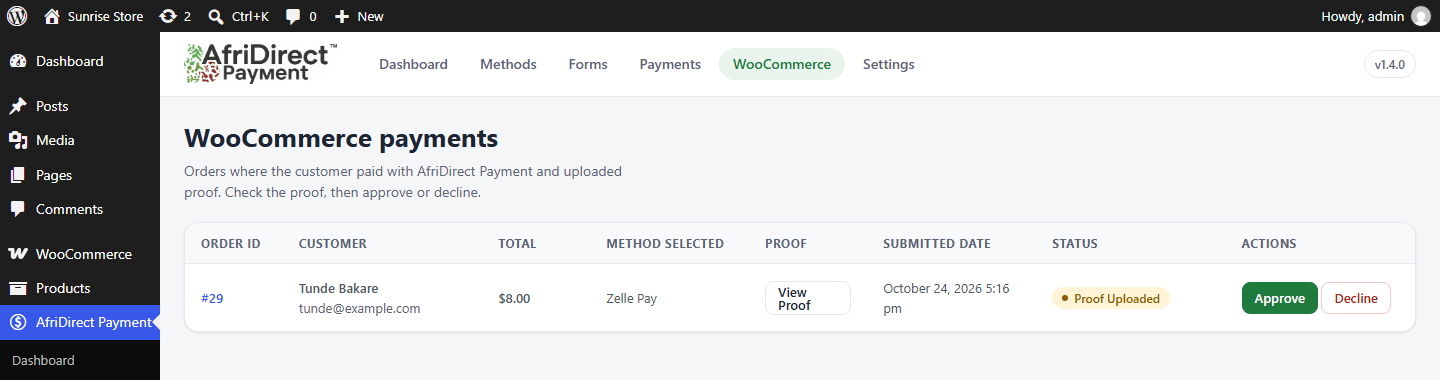 Reviewing WooCommerce payments: view the proof, then approve or decline