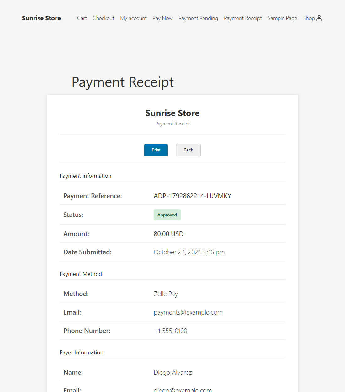 Printable payment receipt