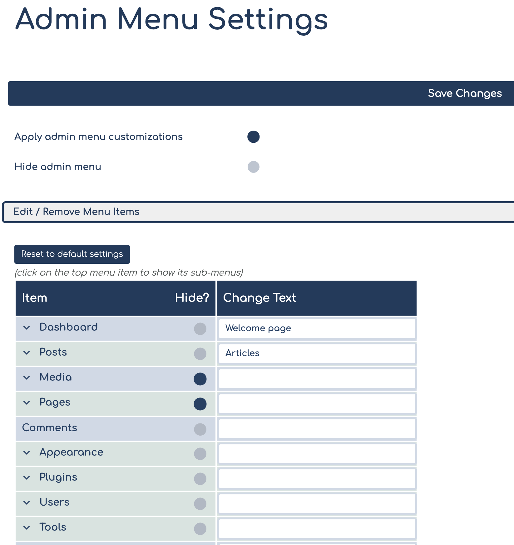 Admin menu editor and additional settings