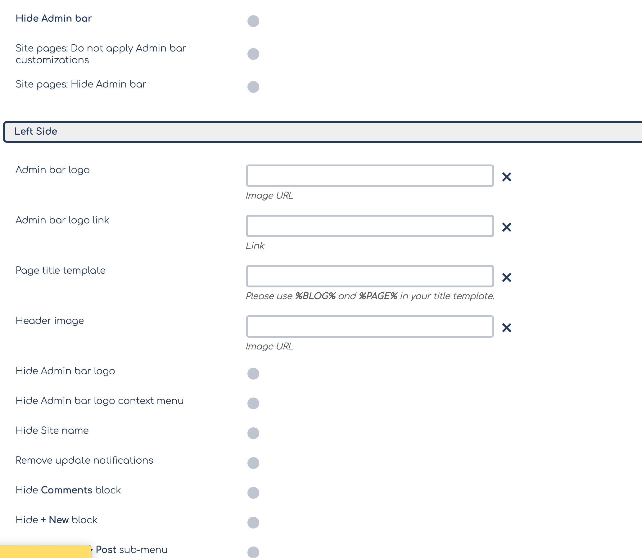 Some of the admin bar settings