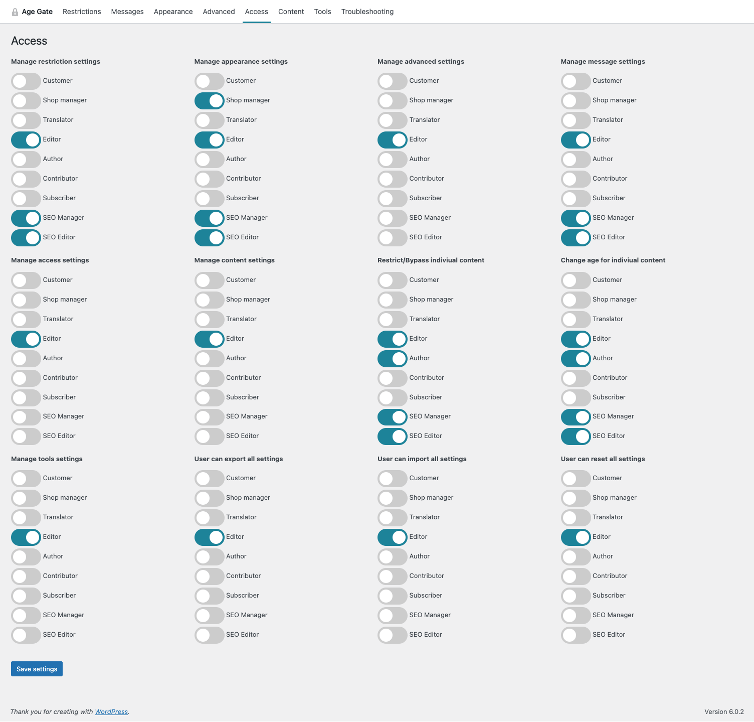 Manage what users can change Age Gate's setting, restrict posts and exclude settings from certain post types.