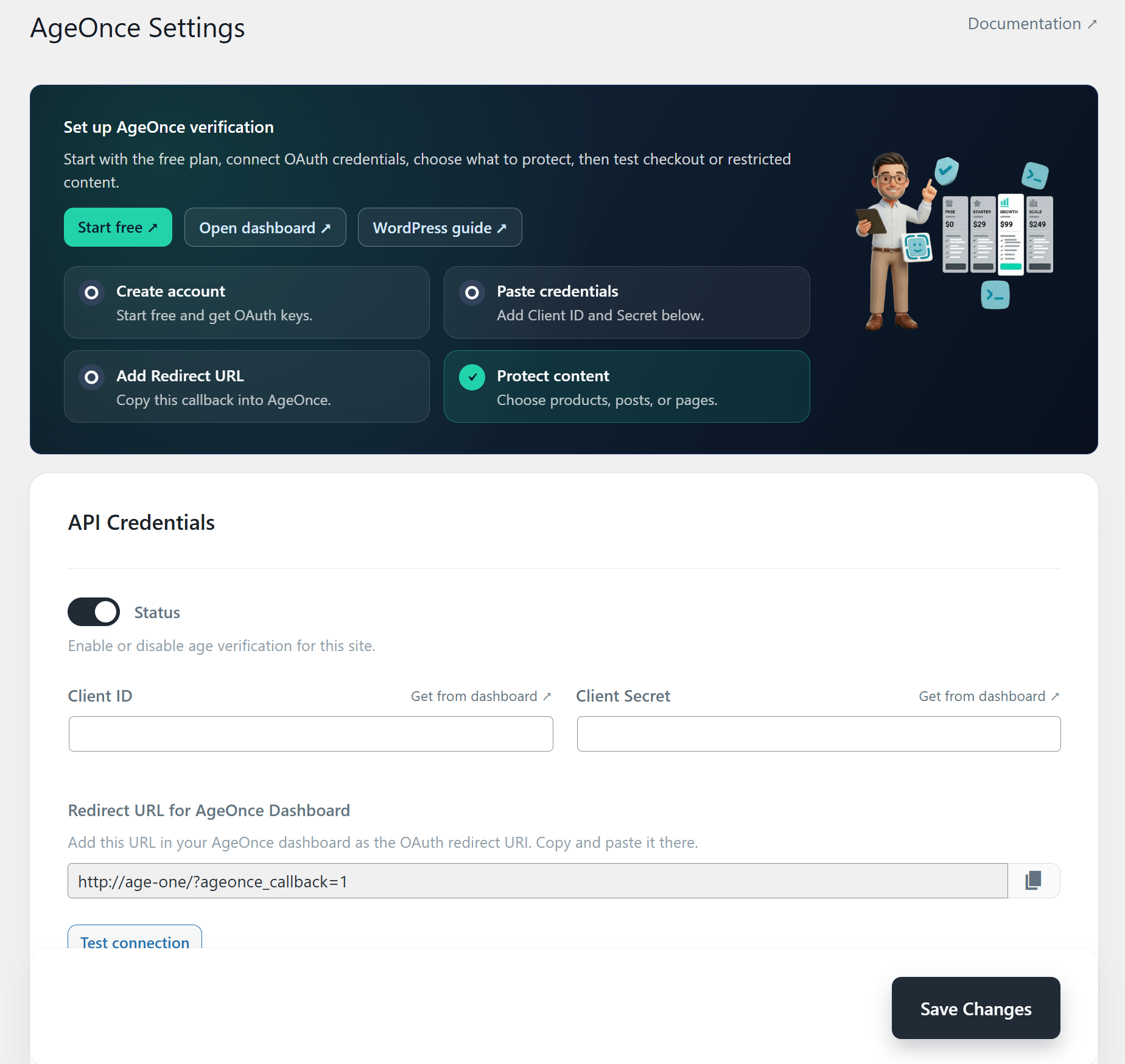 AgeOnce settings dashboard with setup checklist, OAuth credentials, redirect URL, test connection, and first-run test guidance.