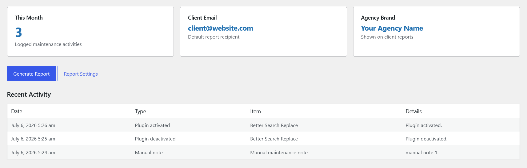Maintenance Dashboard with recent activity.