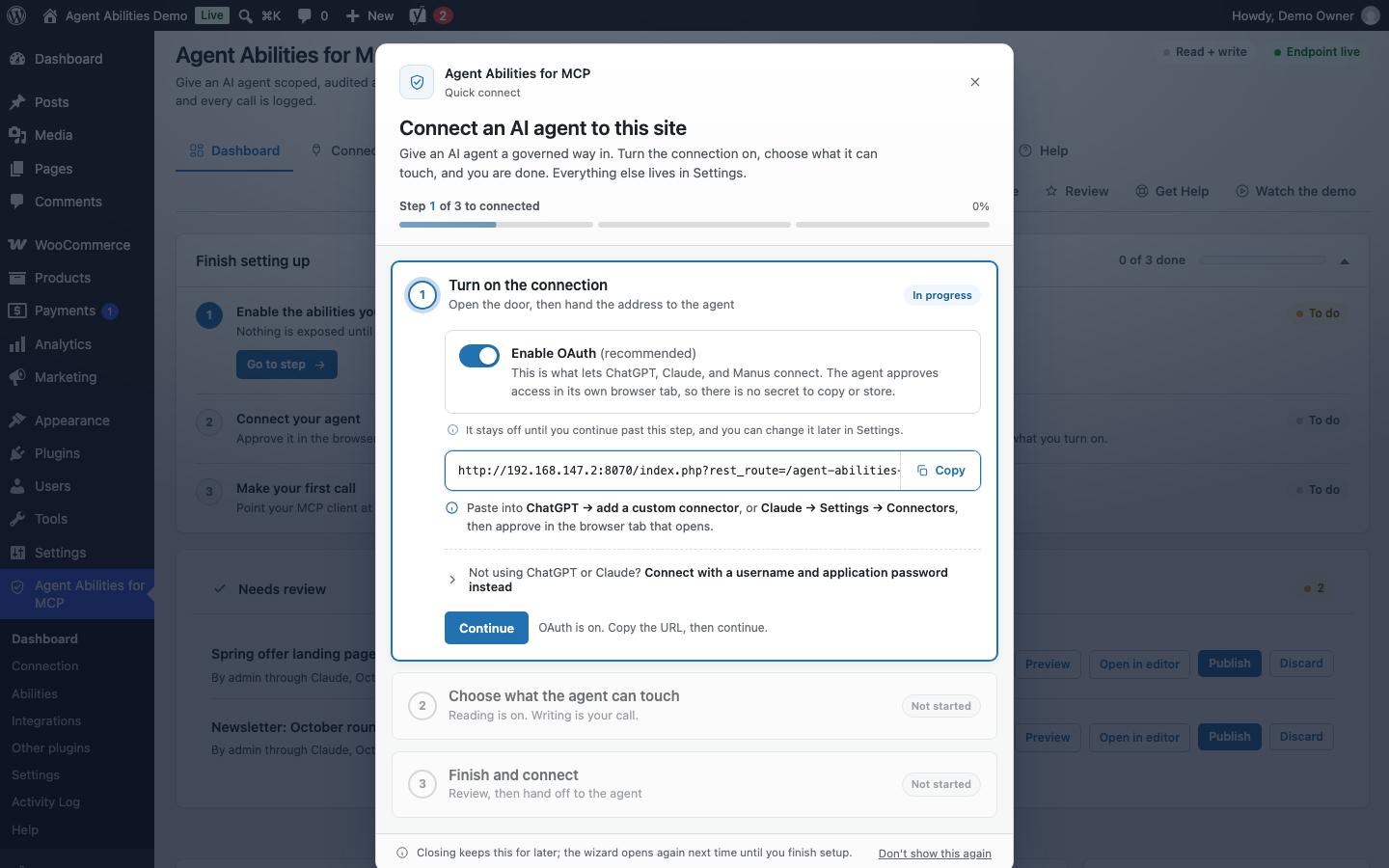 The first run walks you through connecting an agent in three steps: turn the connection on, choose what it can touch, then finish and hand the endpoint to your AI client.