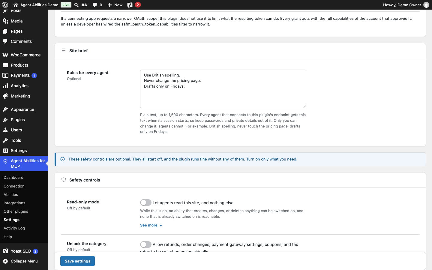 The Site Brief: a few plain rules every connected agent reads when its session starts, such as spelling and what to leave alone.