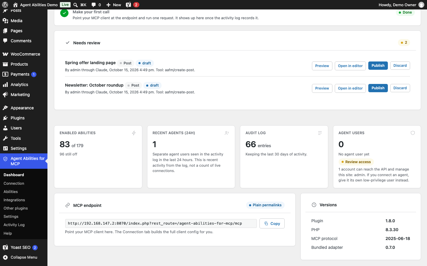 Needs review: drafts and pending posts your agents wrote wait here, with Preview, Open in editor, Publish and Discard.