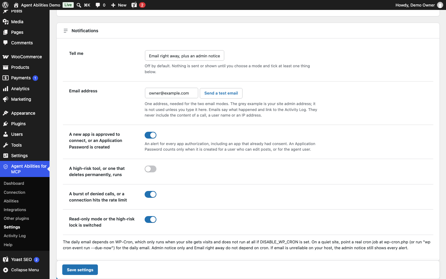 Notifications, off until you choose how to be told: an admin notice, an email right away or a daily email, for the events you tick.