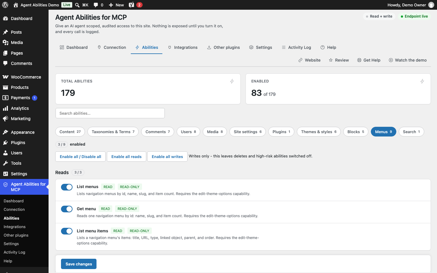 None of this plugin's 179 abilities is exposed until you switch it on. They are grouped by section, here Menus with its three reads on and its writes off, and each section has buttons to enable all reads or all writes at once.