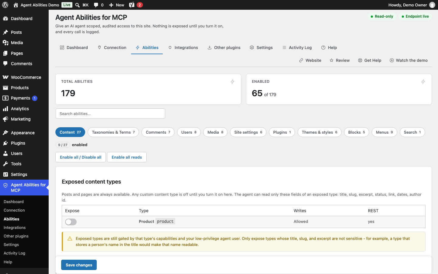 Read-only mode in force. The header badge reads Read-only and the Content section drops its Enable all writes button, because while the mode is on no ability that writes can be switched on.