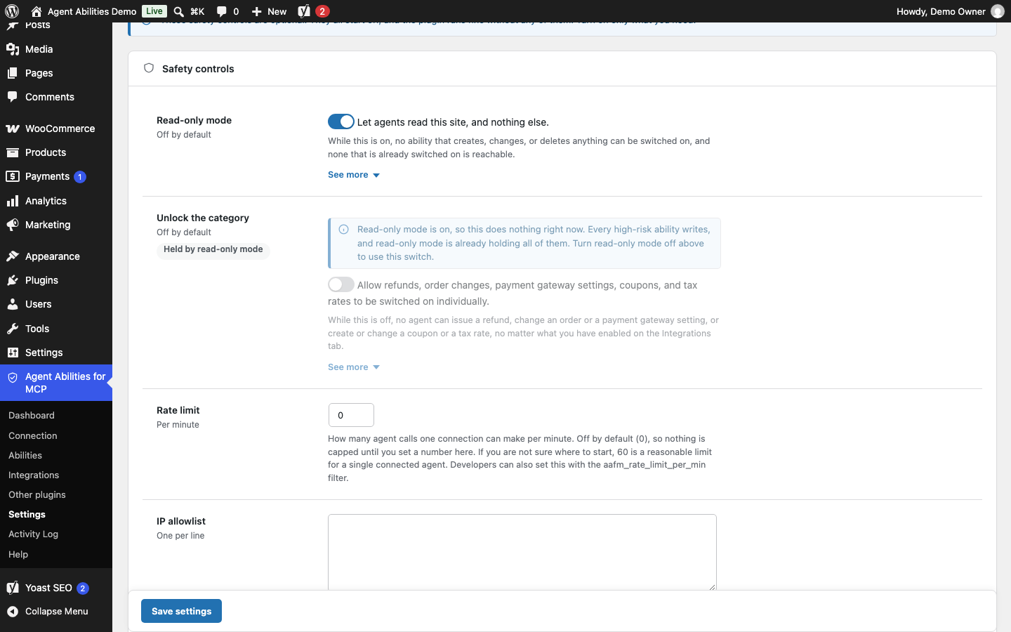 Read-only mode is a single switch under Safety controls on the Settings tab. While it is on, the high-risk unlock beneath it is held as well and says so instead of sitting there looking live.