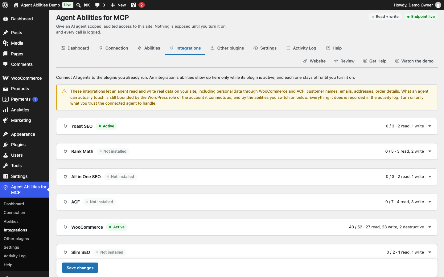 Each integration has a card that says whether its plugin is active and how many of its abilities are on. WooCommerce and Yoast SEO are active here, Rank Math, All in One SEO, ACF and the rest are marked Not installed, and every ability starts off until you turn it on.