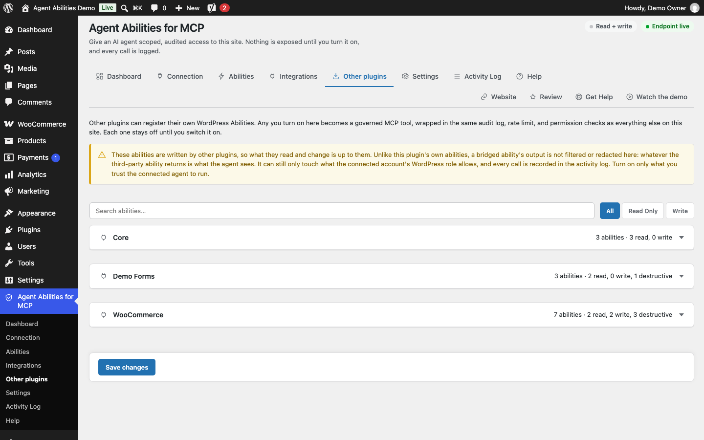 Abilities that other plugins register for themselves, grouped by the plugin that declared them and off until you turn them on. A warning reminds you that this plugin does not filter what a bridged ability returns.
