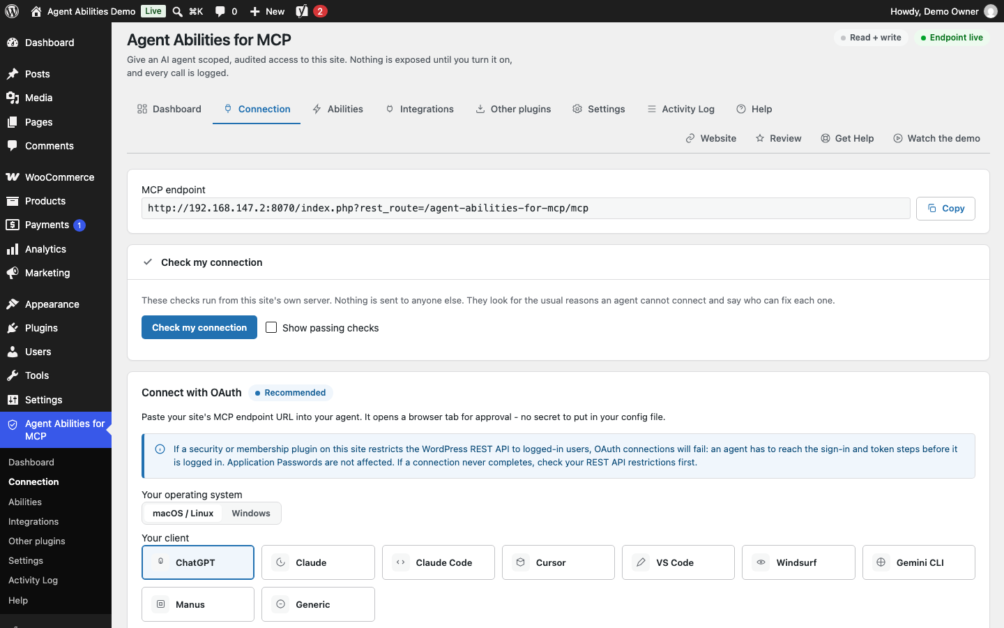The Connection tab shows your MCP endpoint, a Check my connection button, and the OAuth route: pick your operating system and client, paste the endpoint into your agent, and approve it in the browser, with no secret to put in a config file.