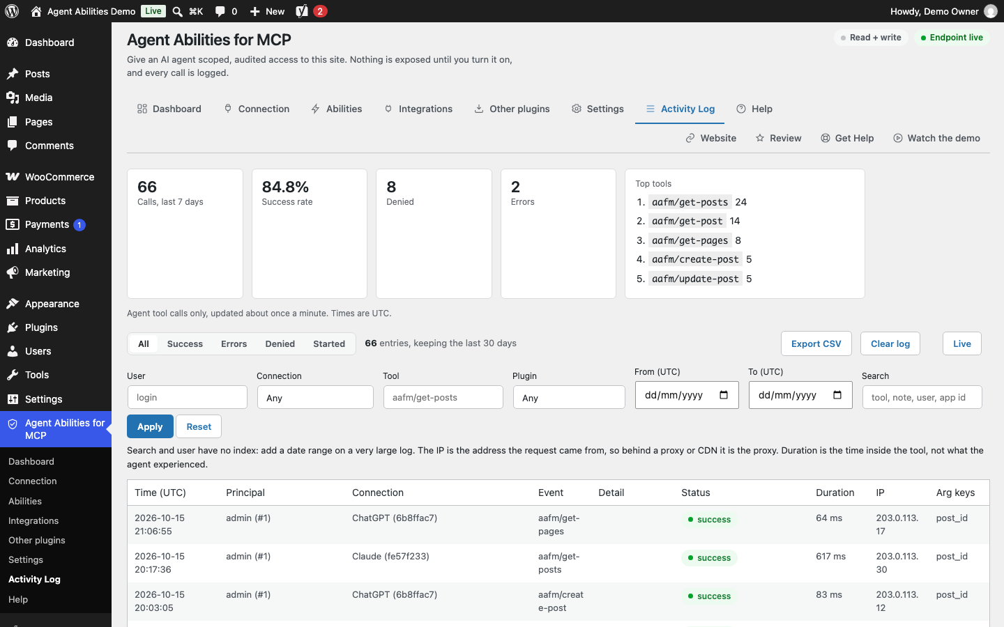 The Activity Log with a 7-day summary, filters for user, connection, tool, plugin, date and text, the connection and IP of each call, the duration of calls that ran, a Live view, and a CSV export that follows the filters.