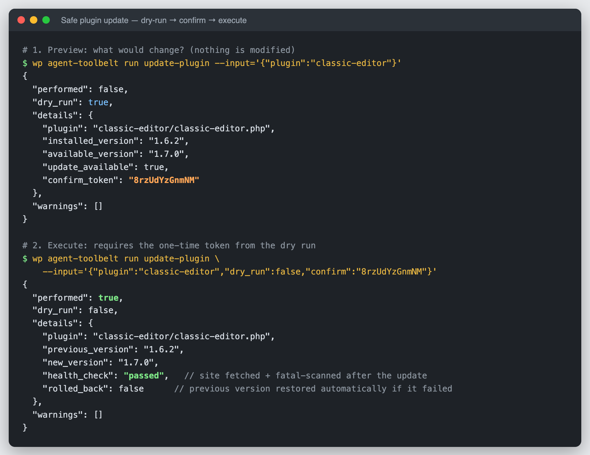Dry-run first, then the one-time confirm token, then execute: a safe plugin update round-trip.
