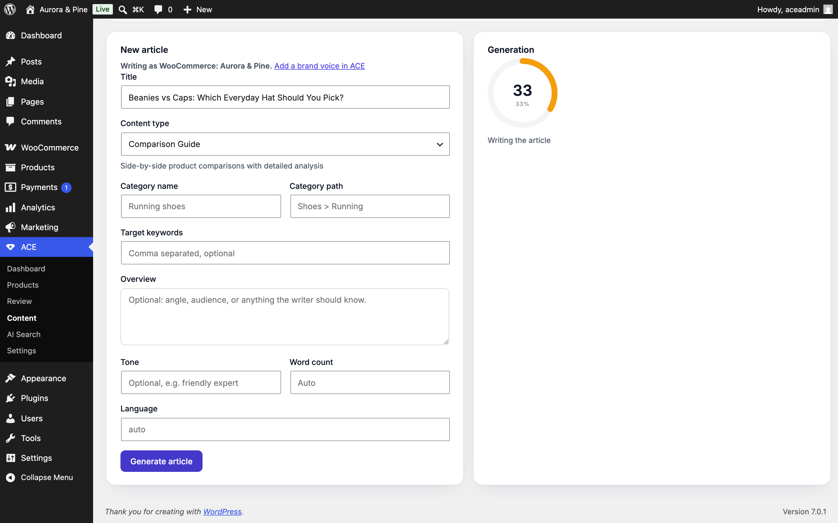 The Content screen generating an article with a live progress ring.