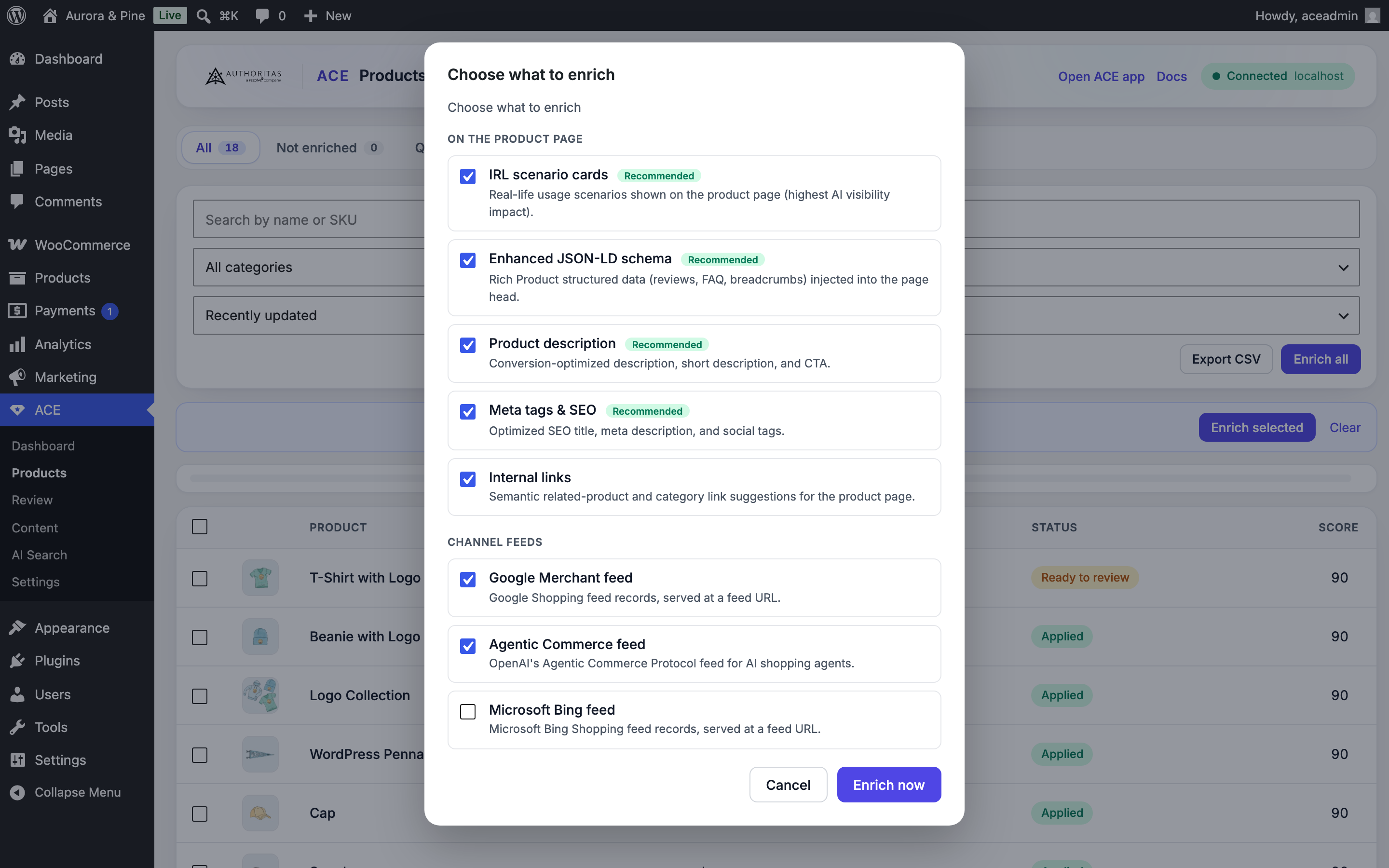 The Products screen with the content-type picker and category filter.