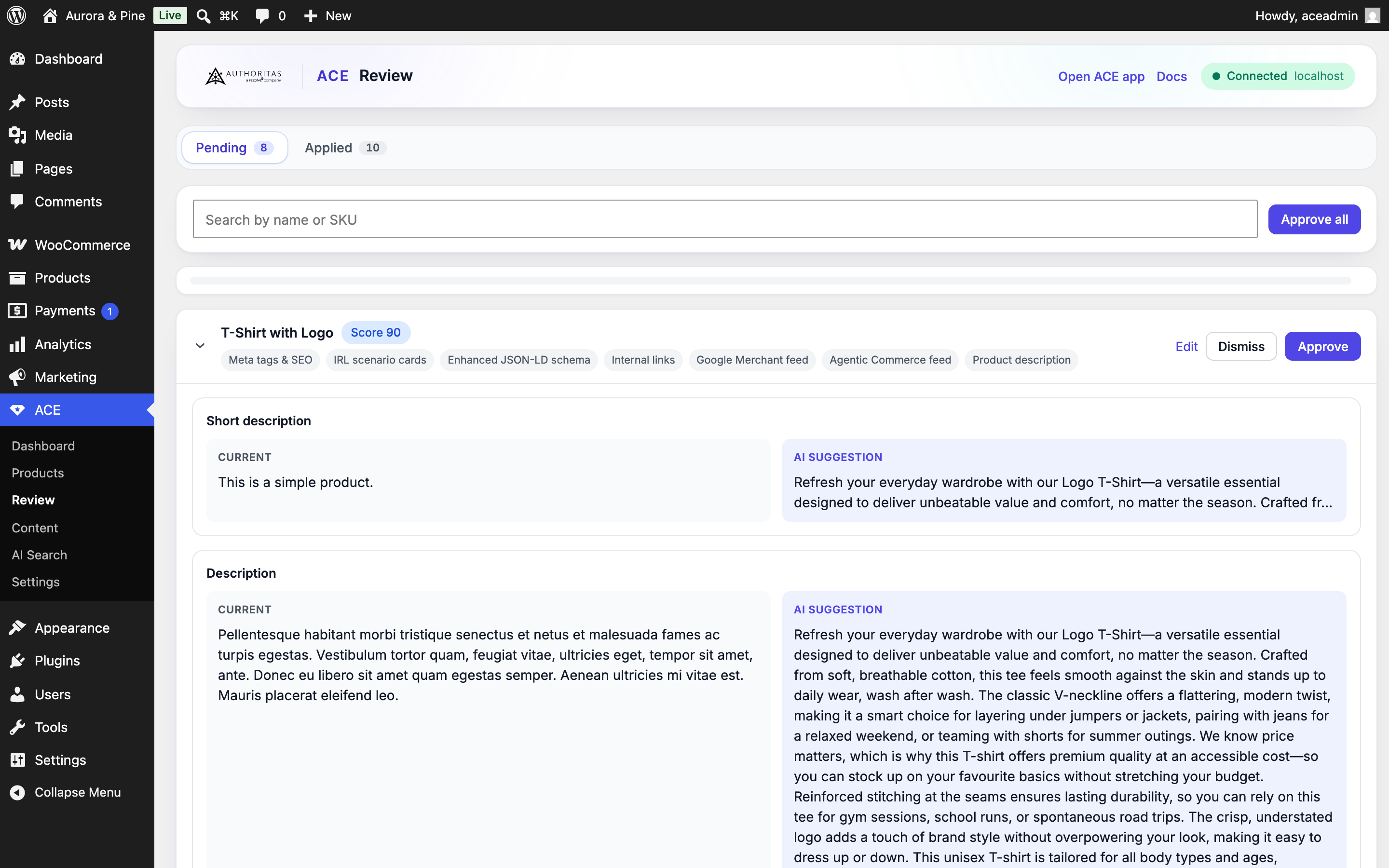 The Review screen showing a before/after diff for each content type.