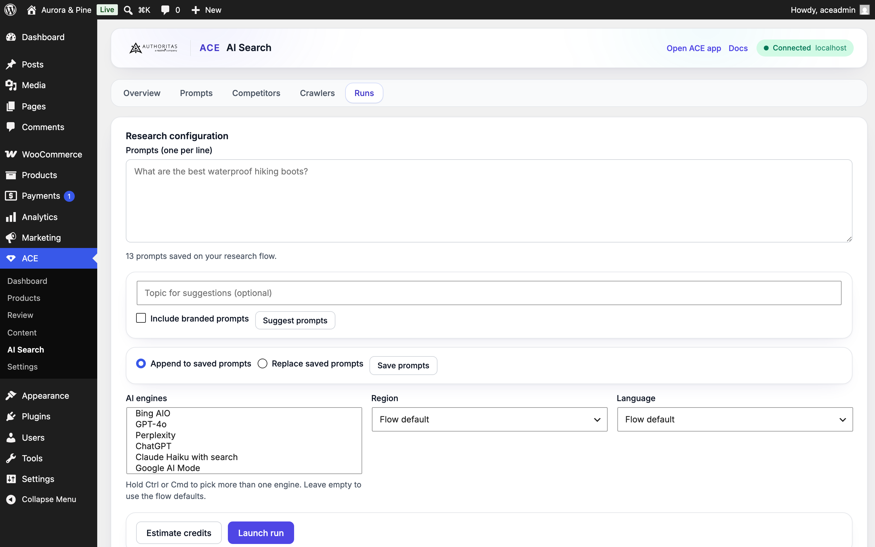 The research run configurator with prompt suggestions and engine selection.