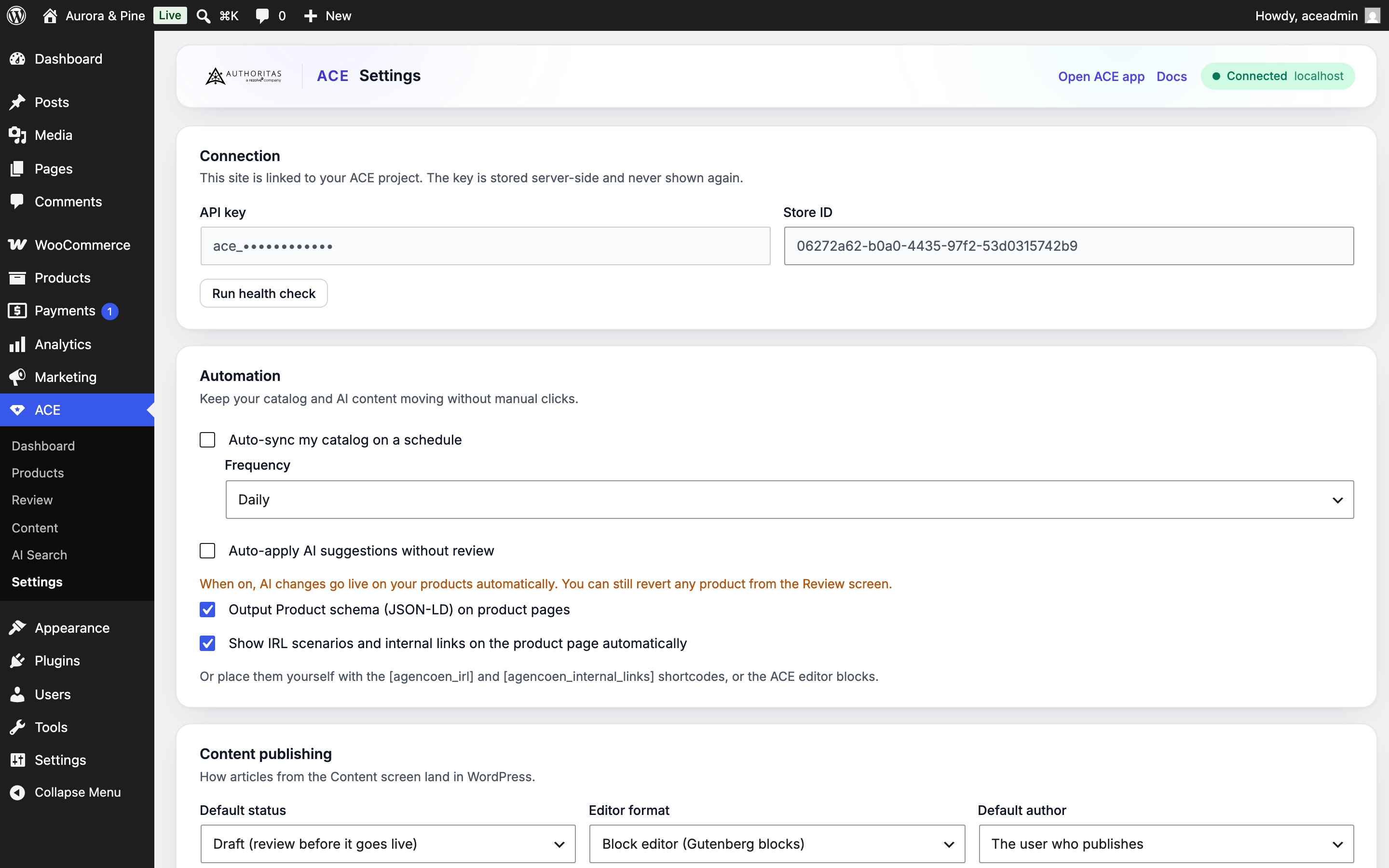 The Settings screen with publishing, automation, and crawler tracking options.