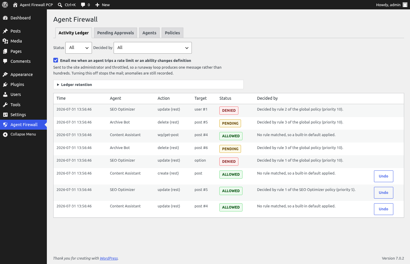 Activity ledger showing which rule decided each action, with per-action undo, email-alert and retention settings.