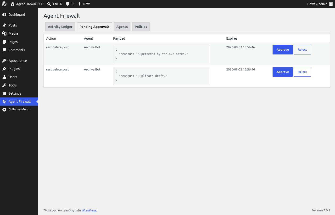 Pending approvals queue with payload review.