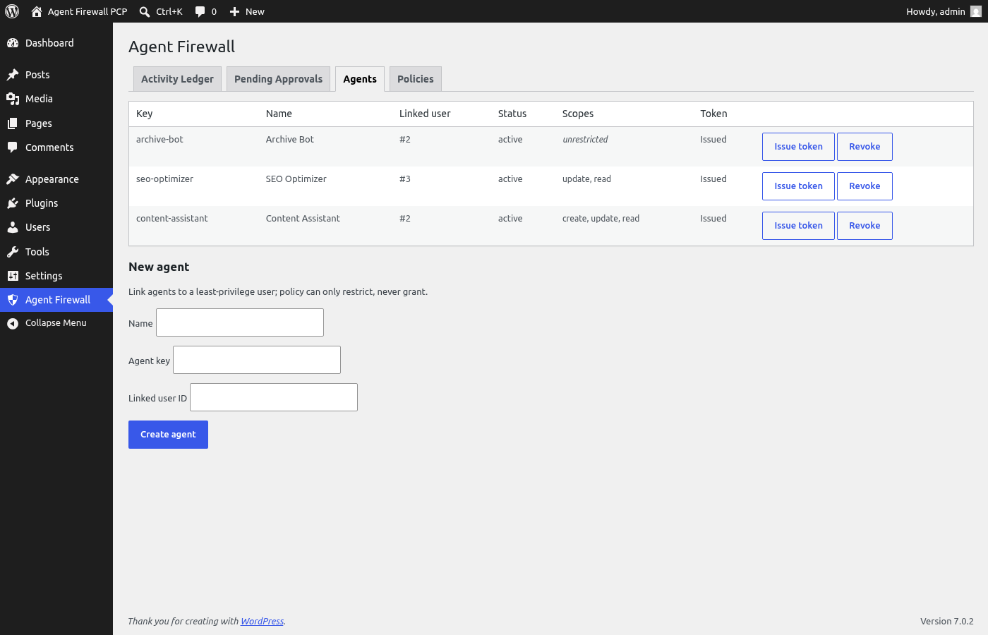 Agent management with one-time token issuance.