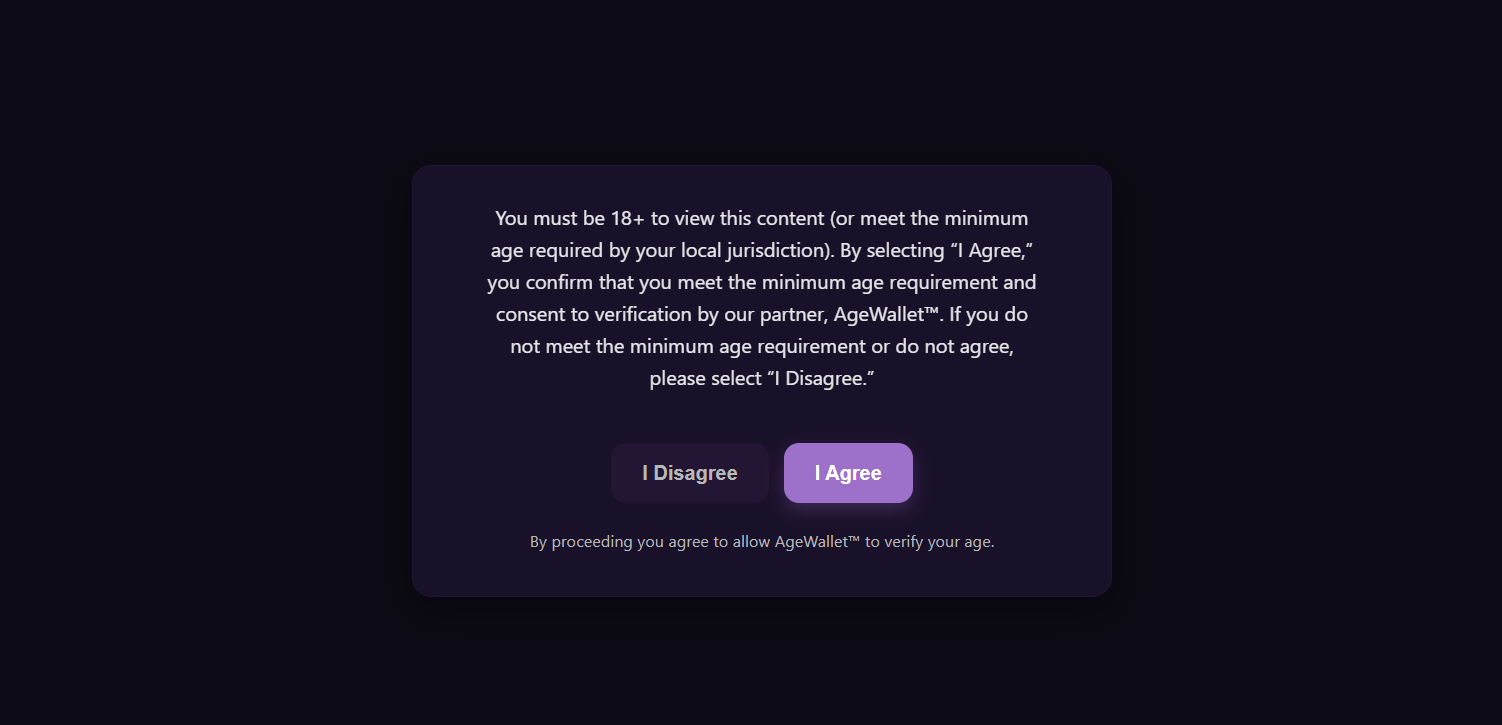The age gate overlay shown to unverified visitors in Standard (Overlay) mode.