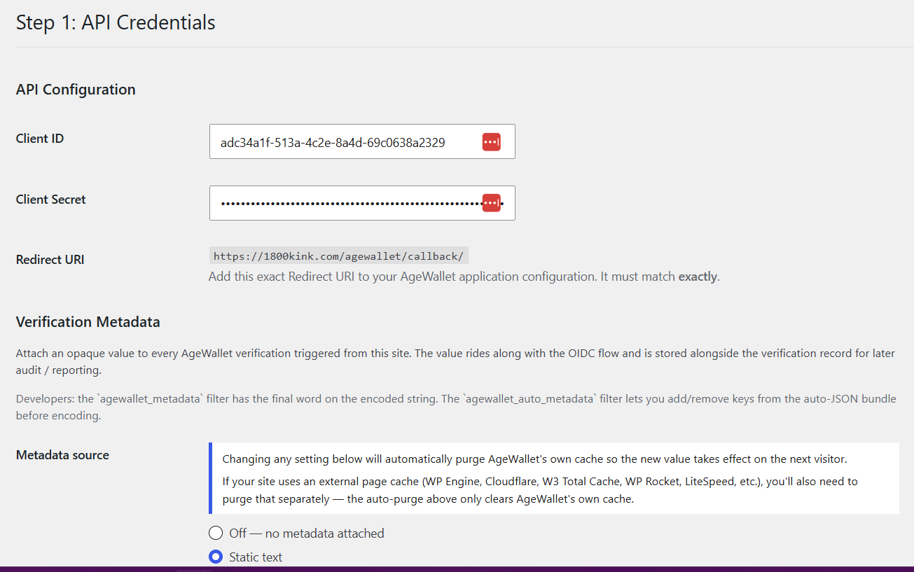 The plugin's setup wizard — Step 1 (API Credentials).