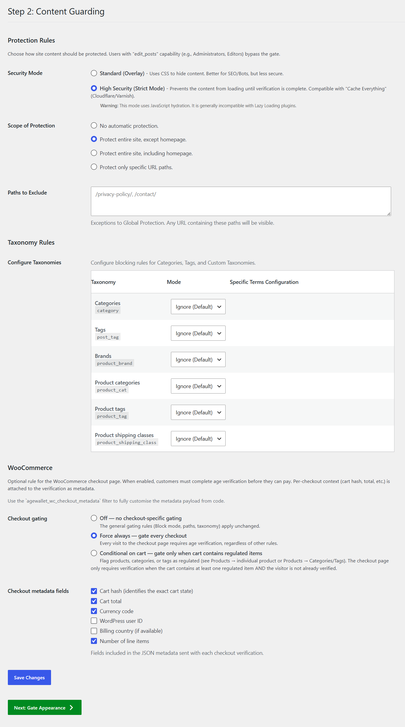 The Content Guarding screen — taxonomy, path, and global protection rules, plus the WooCommerce "gate the checkout" setting.