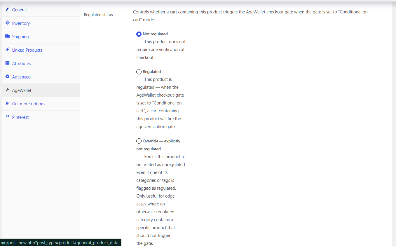 The per-product Regulated status control on the WooCommerce product edit screen.