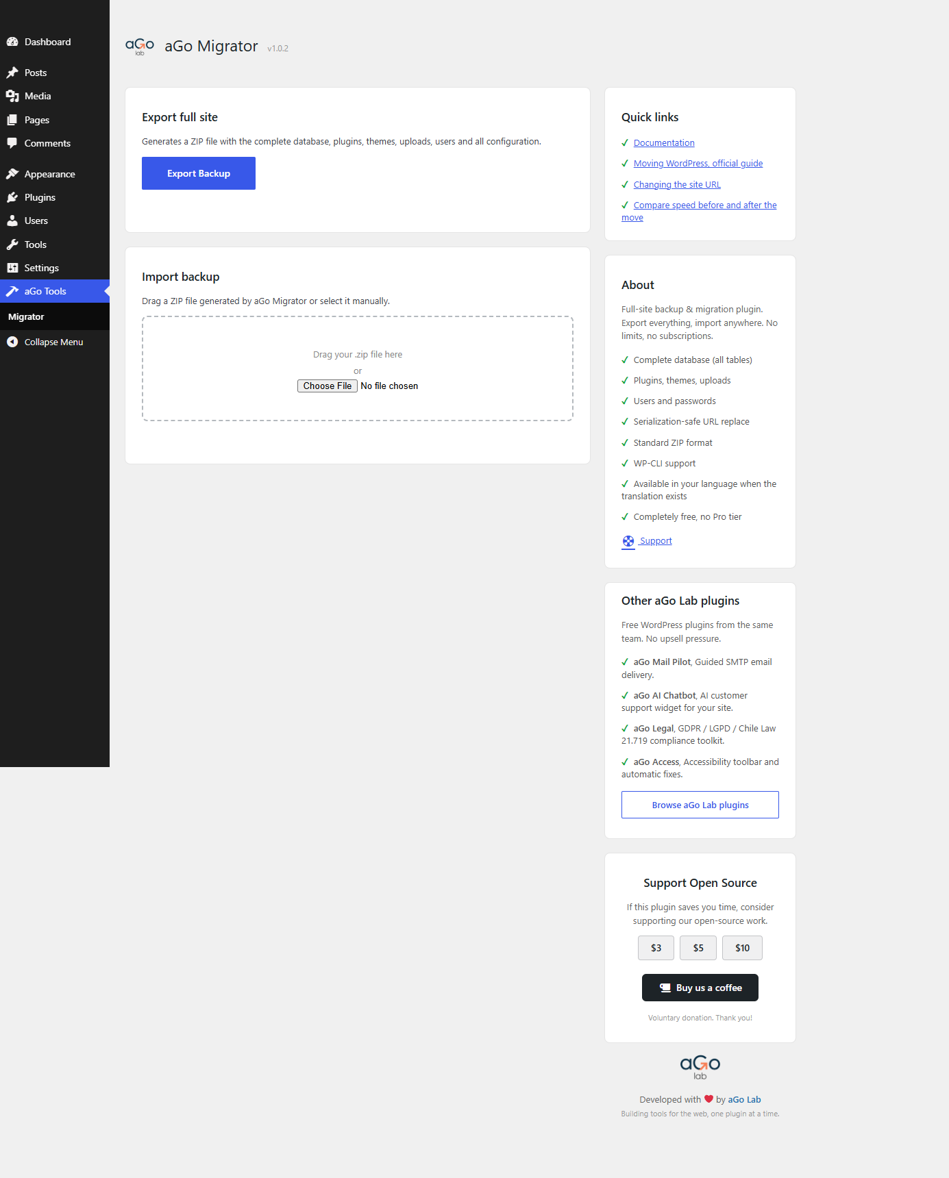 Export and import on a single screen: one-click full-site backup and drag-and-drop restore.