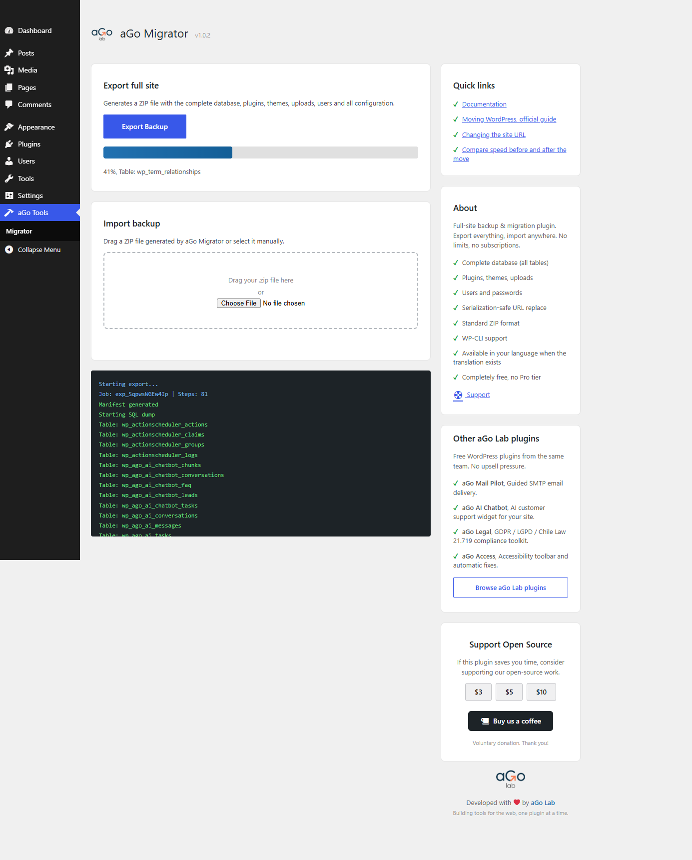 Step-by-step export progress with live table-by-table status.