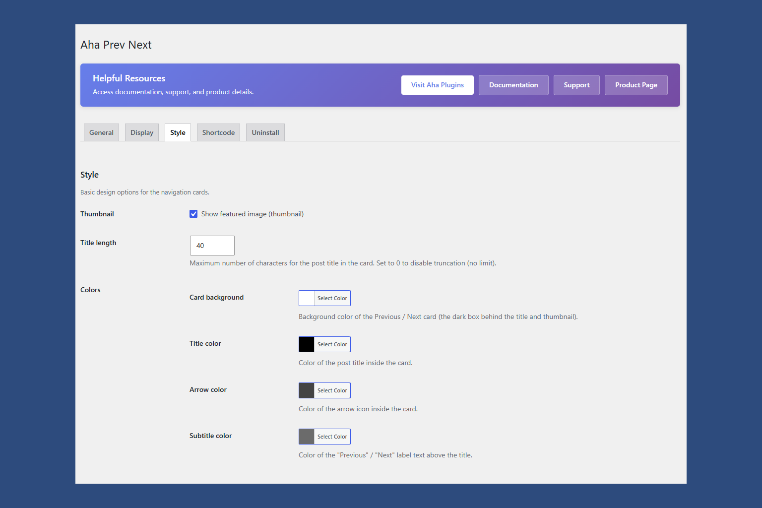 Aha Prev Next settings dashboard.