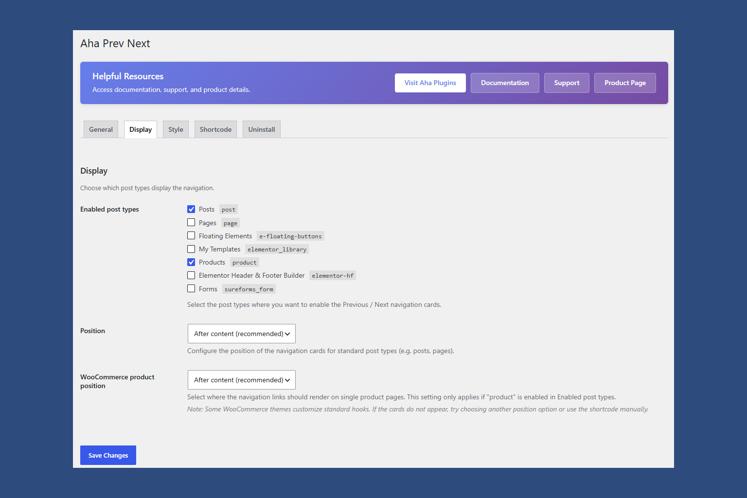 Aha Prev Next settings dashboard.
