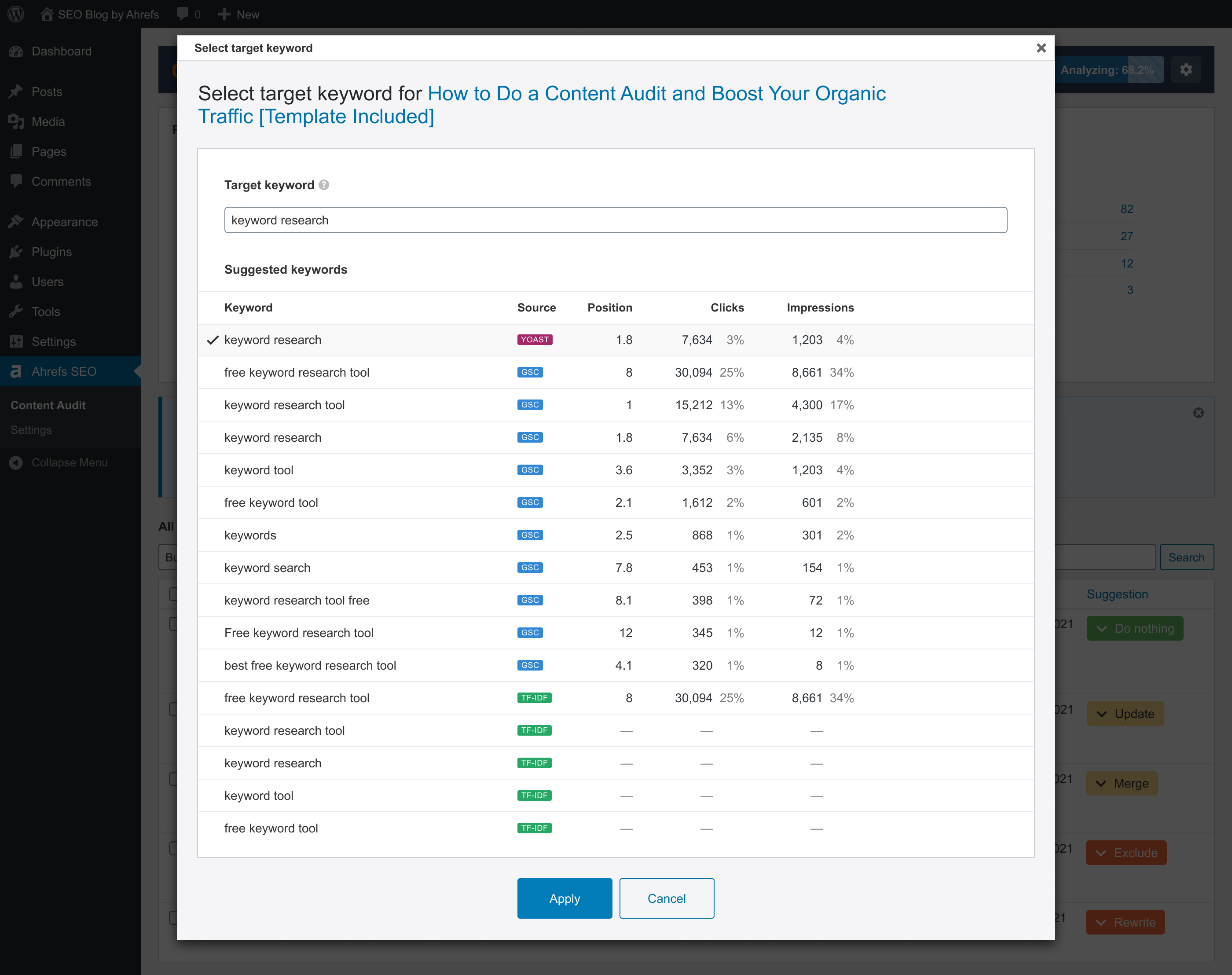 Set or change target keywords for your pages based on target phrases from other plugins, top queries from Search Console or our analysis