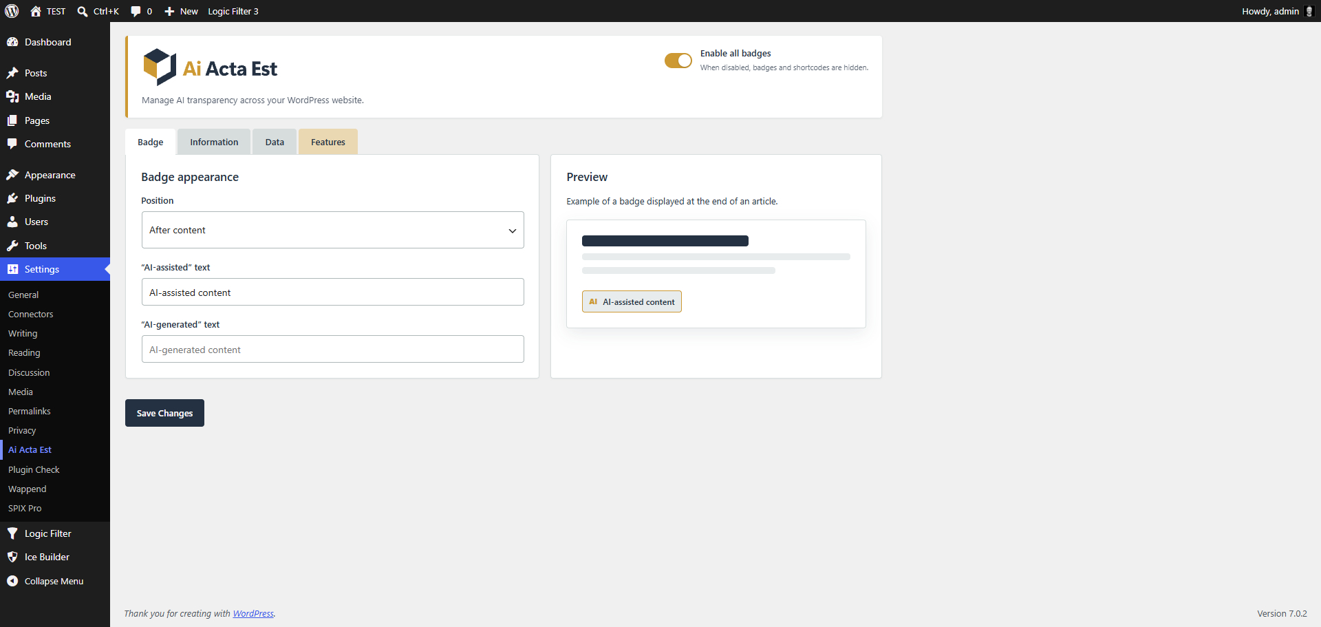 Badge tab: position, custom texts and live preview.