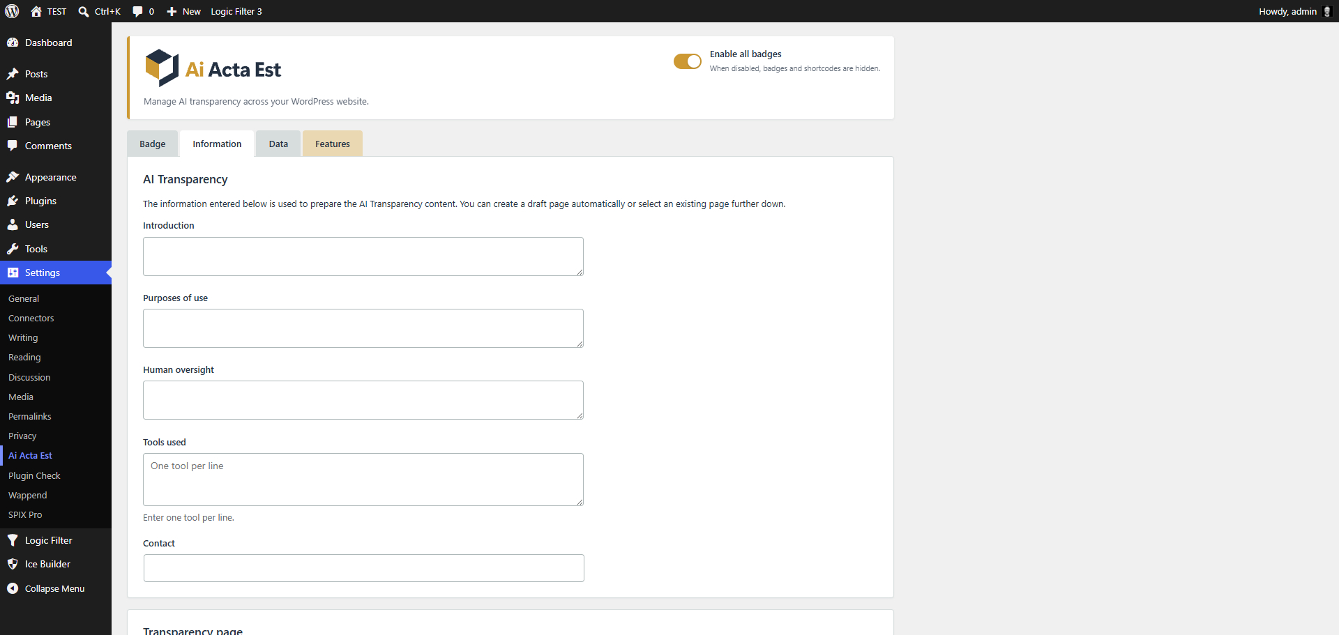 Information tab: AI Transparency page settings, purposes, human oversight, tools and contact.